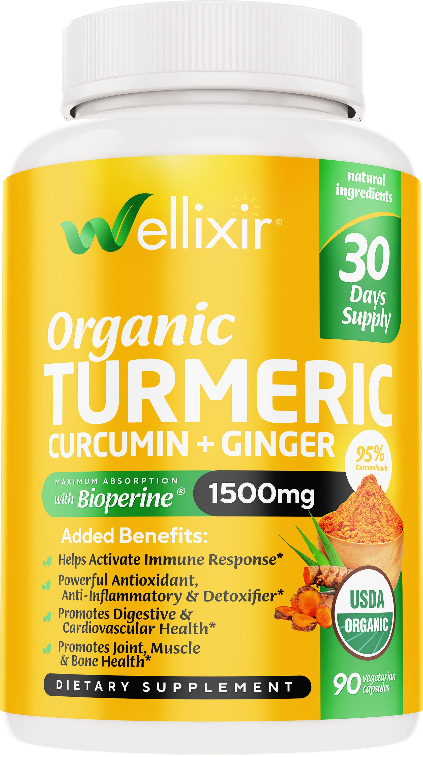 Turmeric CurcumWellixir Organic Turmeric Supplement – Curcumin with Bioperine Capsules – 90 Veggie Caps with Ginger Root Extract, Curcumin and Turmeric for Joint Health – 95% Curcuminoids Formulain