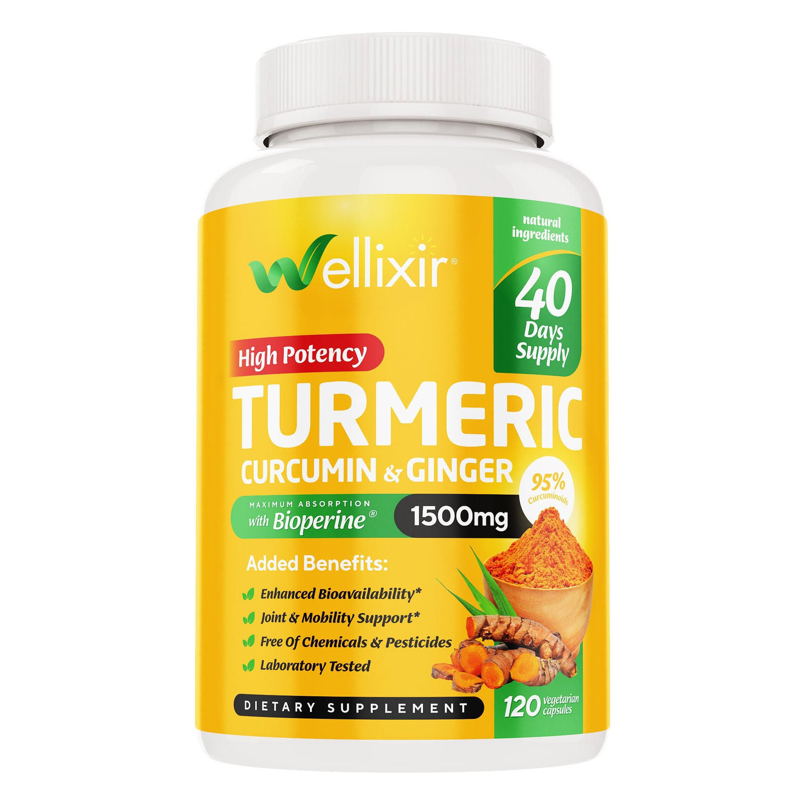 Wellixir Turmeric Curcumin Supplement With Black Pepper Extract - Capsules with Ginger Root Extract – 95% Curcuminoids Formula - 120 Capsules