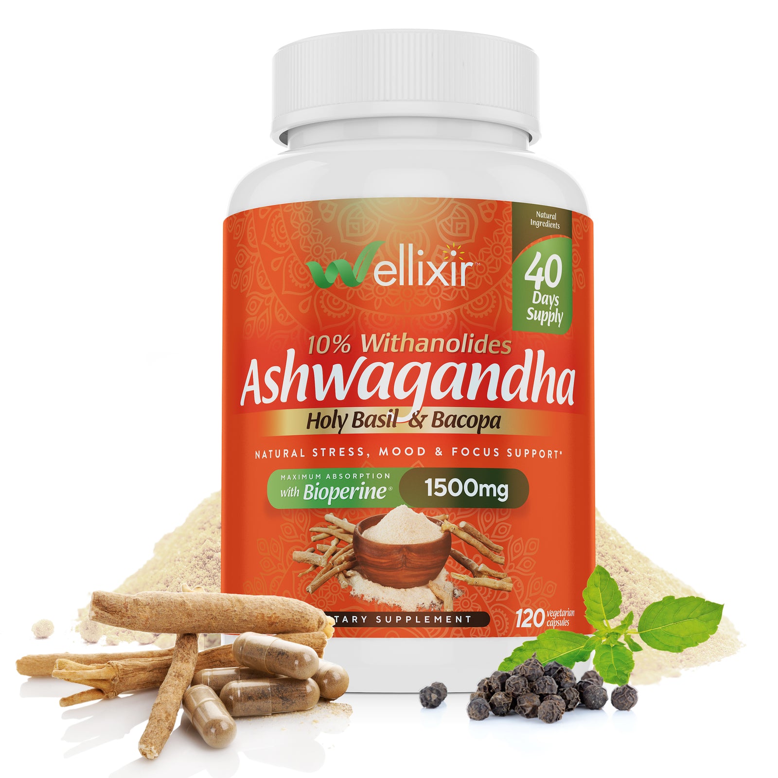 Wellixir Pure Ashwagandha Capsules - Root Powder Supplement, 10% Withanolides with Bacopa Extract & Holy Basil - Vegan & Gluten-Free Herbal Supplements for Stress, Mood Support - 1500mg, 120 Count