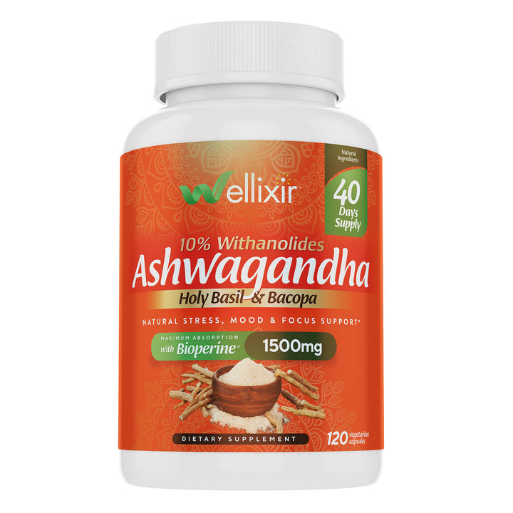 Wellixir Pure Ashwagandha Capsules - Root Powder Supplement, 10% Withanolides with Bacopa Extract & Holy Basil - Vegan & Gluten-Free Herbal Supplements for Stress, Mood Support - 1500mg, 120 Count